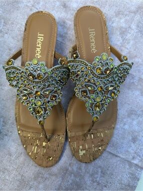J.Reneé Tan Jeweled Thong Sandals with Gold and Yellow Accents